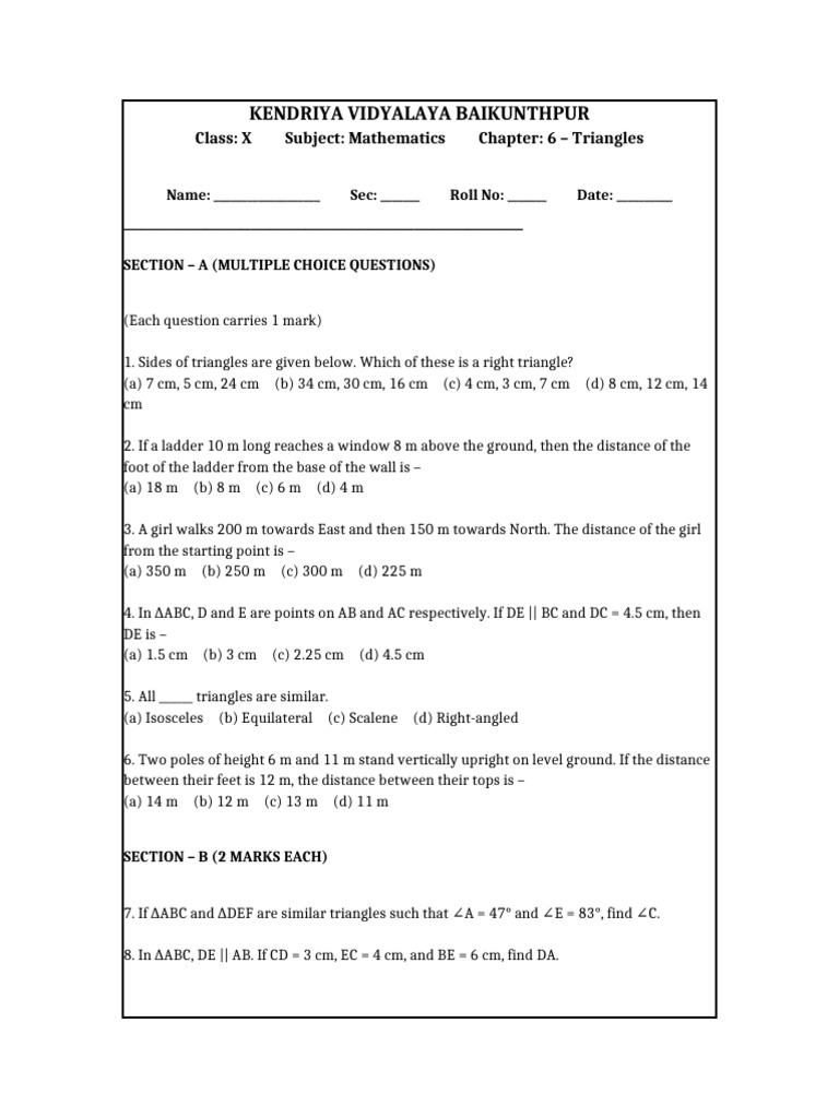 Class X Mathematics: Triangles Exam | PDF