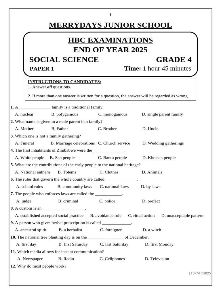 Grade 4 Social Science Exam Guide | PDF