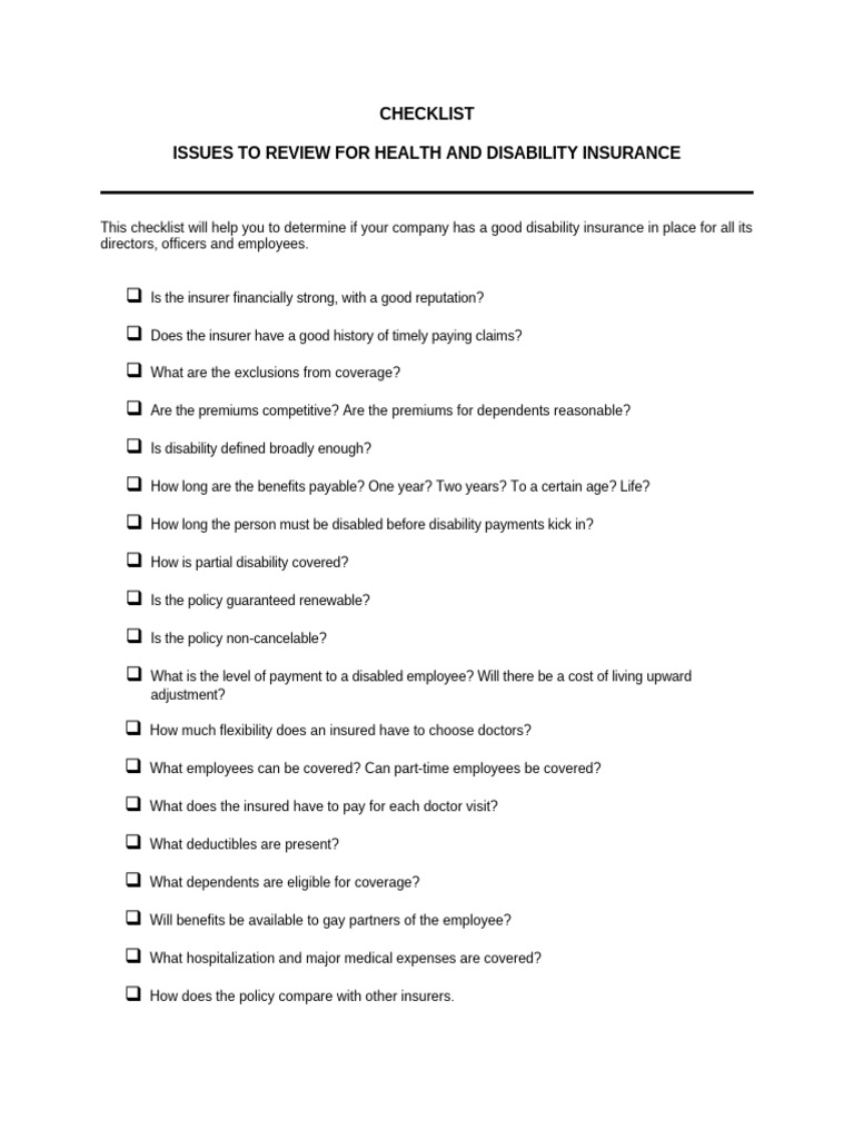Health & Disability Insurance Checklist | PDF
