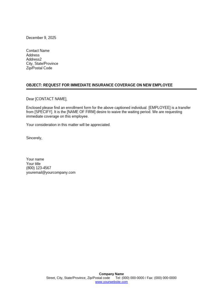 Request Immediate Insurance Coverage For New Employee | PDF