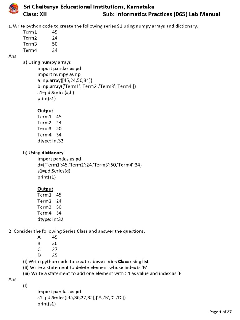 Informatics Practices Lab Manual 2025 - 26 | PDF | Computers
