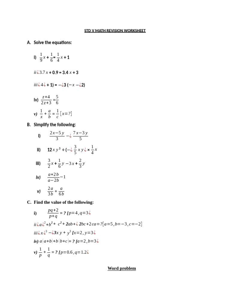 STD V Math Revision Worksheet | PDF | Area | Length