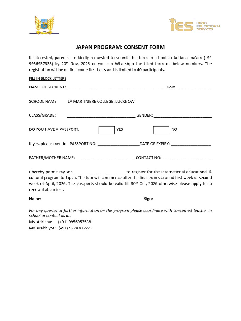 Japan Program Consent Form for Students | PDF