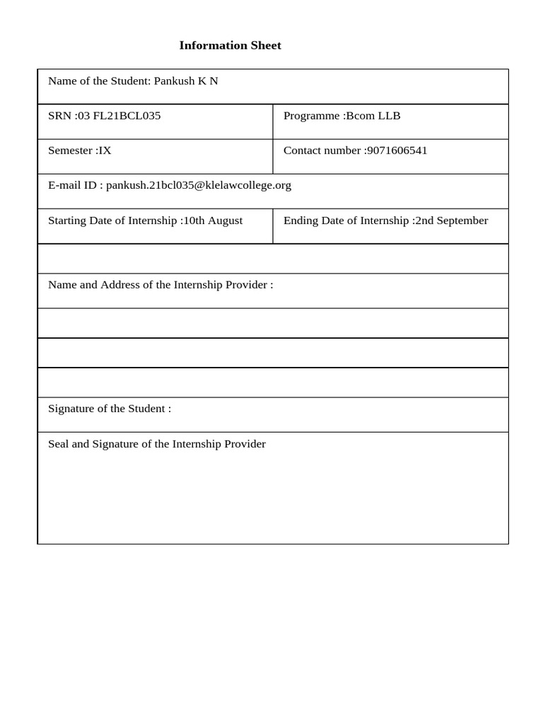Pankush K N Internship Information Sheet | PDF