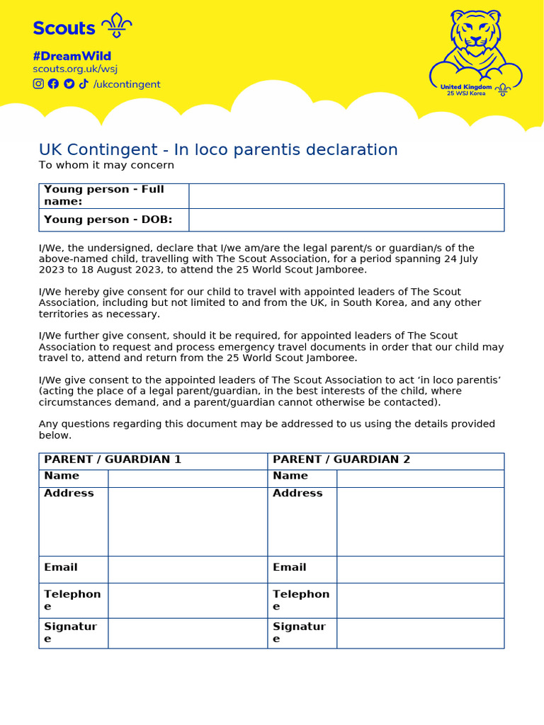 In Loco Parentis Declaration for Scouts | PDF