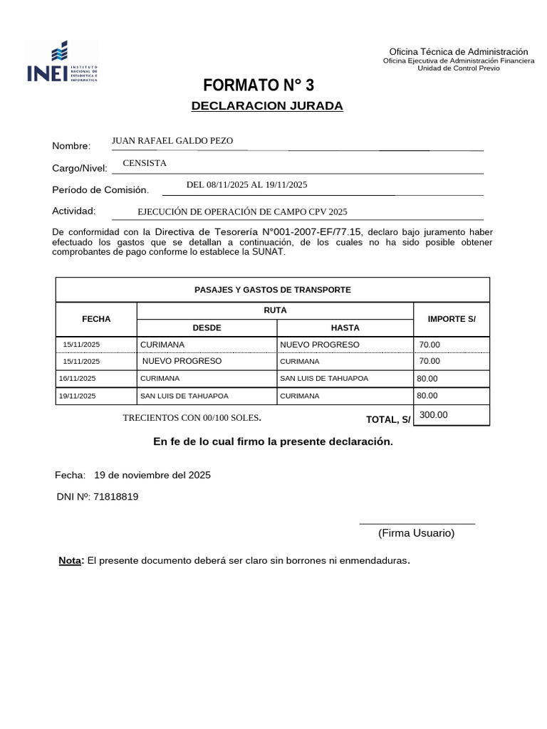 Declaración Jurada de Gastos de Transporte | PDF
