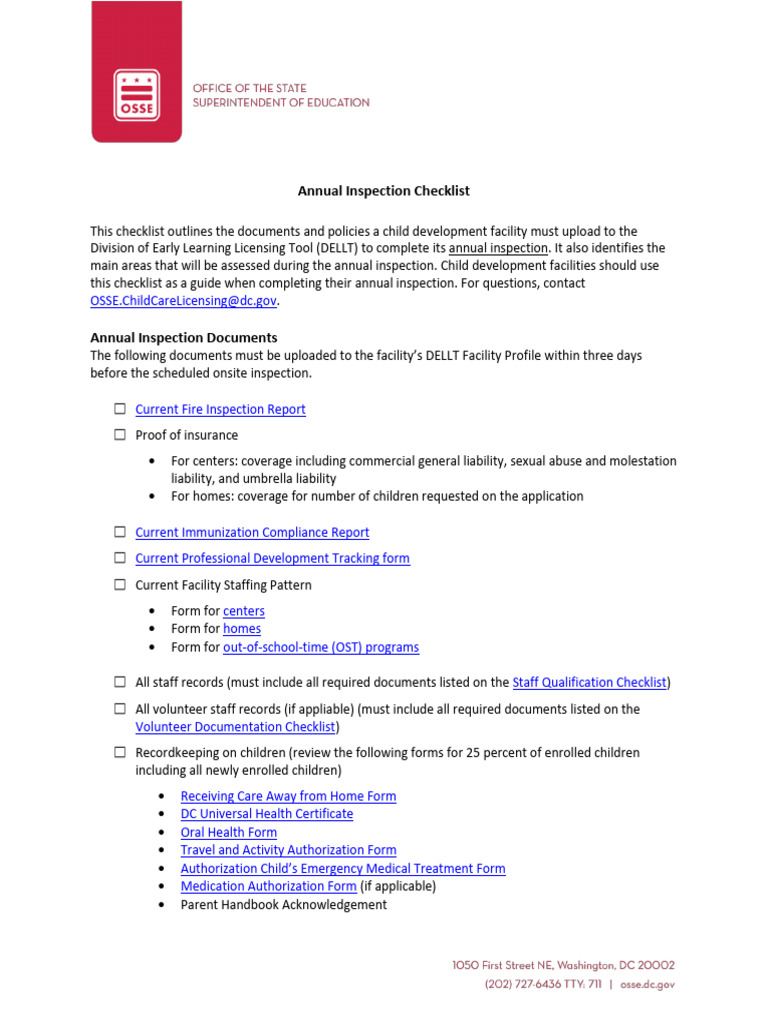 Annual Child Development Facility Inspection Checklist | PDF