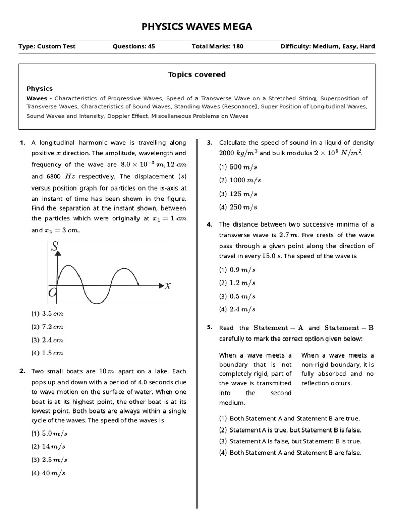 Physics Waves Test: 45 Questions | PDF | Waves | Sound