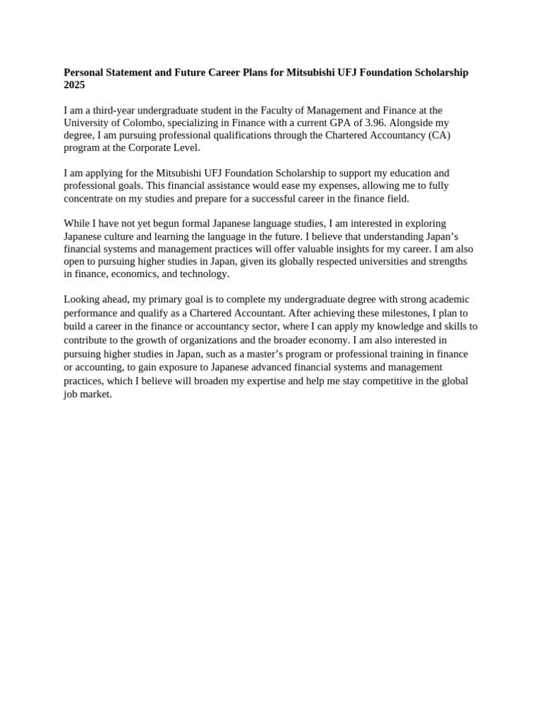 Personal Statement and Future Career Plans For Mitsubishi UFJ ...