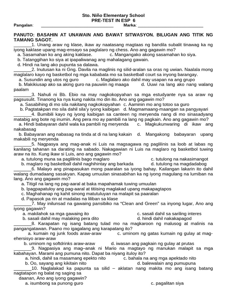Pre-Test - Esp 6 | PDF
