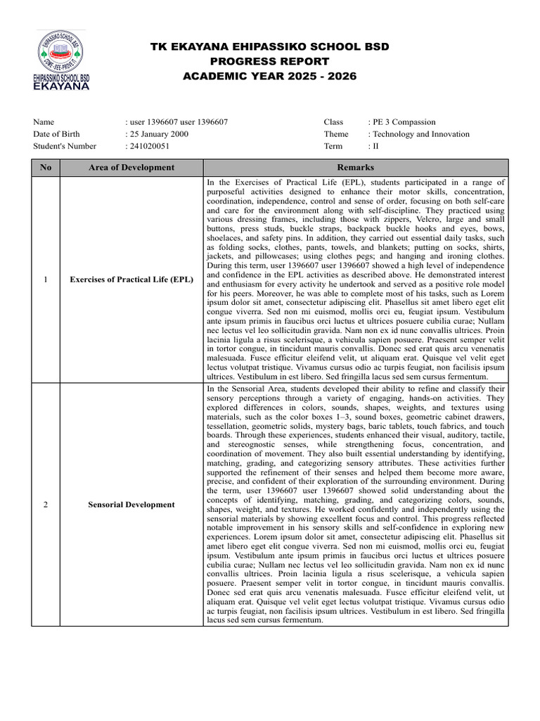 Contoh Rapor TK Ehp New | PDF
