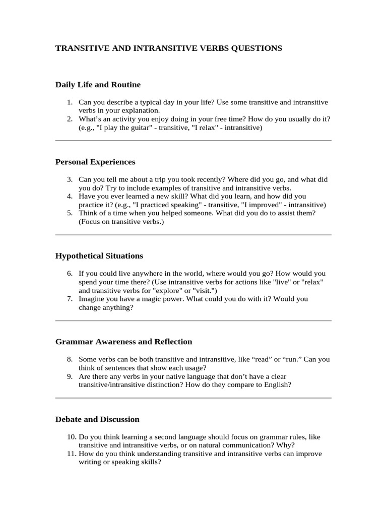Transitive and Intransitive Verbs Questions | PDF