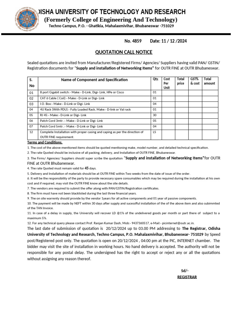 Quotation for Networking Items at OUTR | PDF