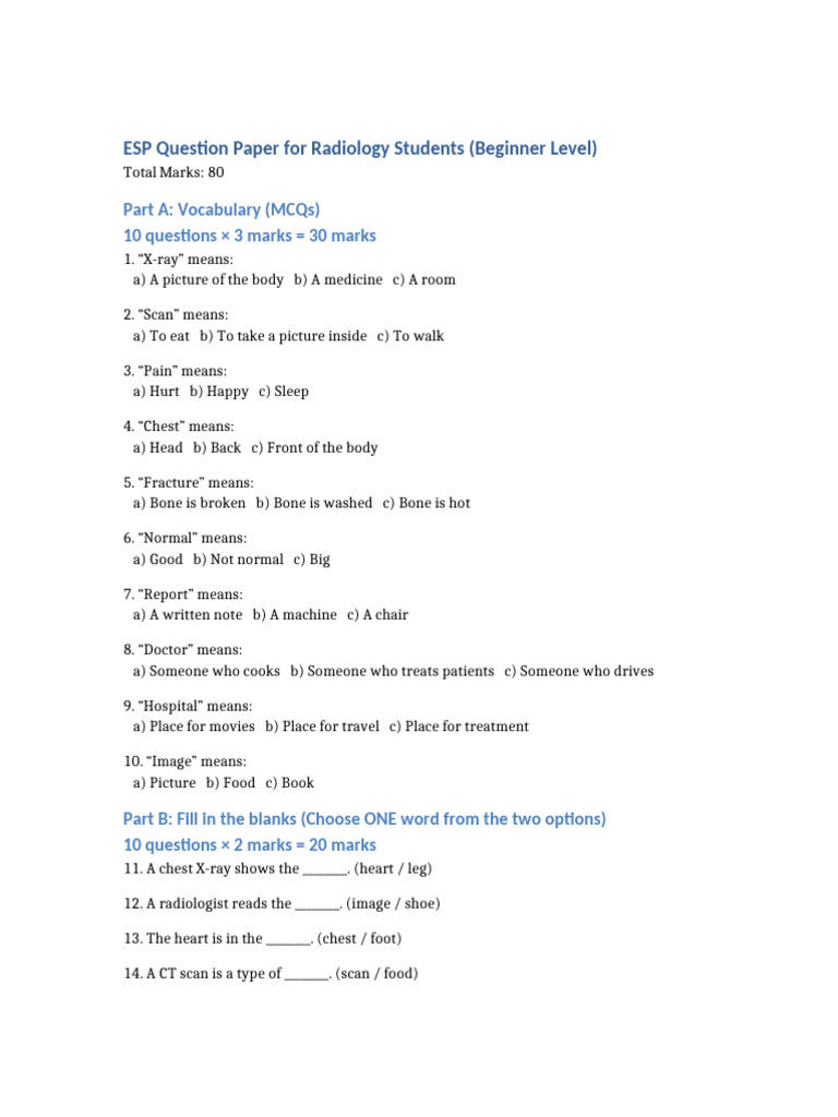 Radiology ESP Question Paper for Beginners | PDF