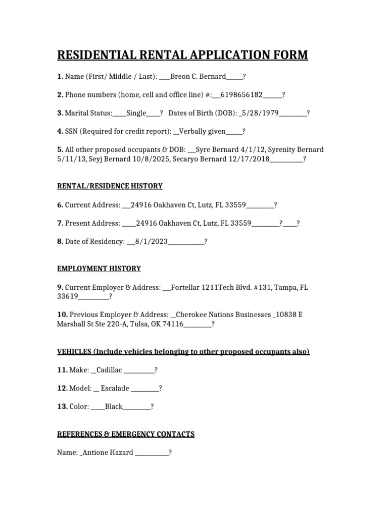 Residential Rental Application Form | PDF
