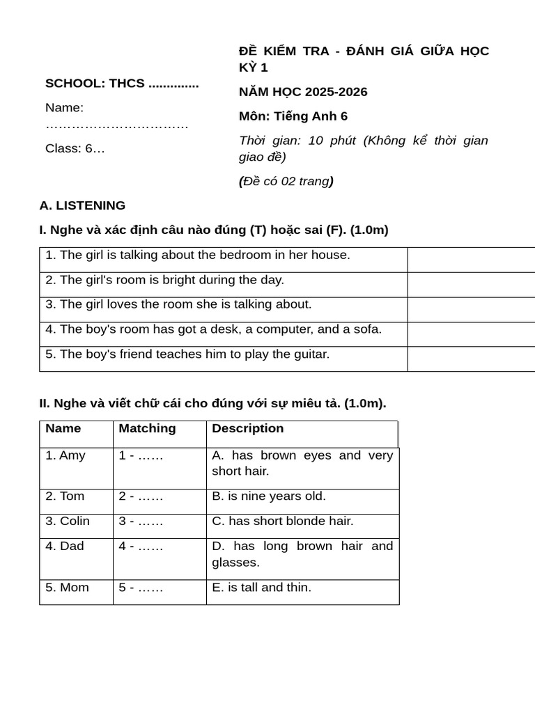 English Test for Grade 6 Students | PDF | Classroom | Learning