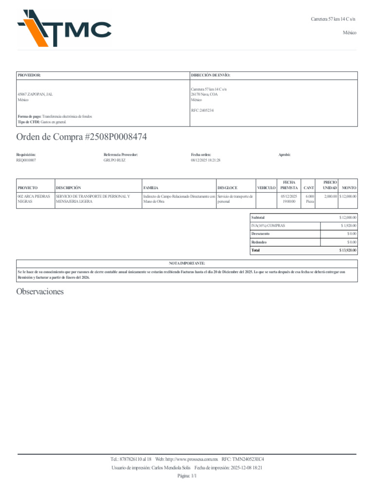 Orden de Compra - 2508P0008474 (1) | PDF