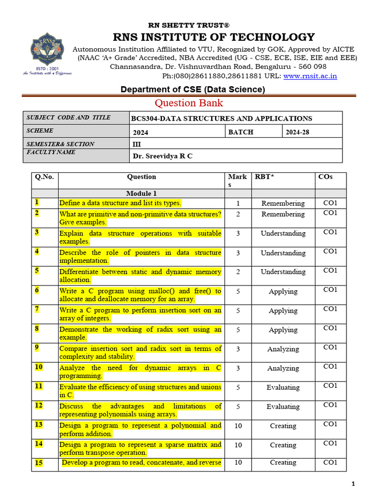 Data Structures Question Bank 2024 | PDF | Queue (Abstract Data Type ...