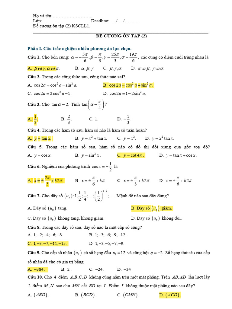 Đề Cương KSCL Lần 1 | PDF