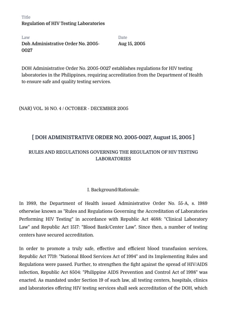 Regulations for HIV Testing Labs in PH | PDF | Diagnosis Of Hiv/Aids ...