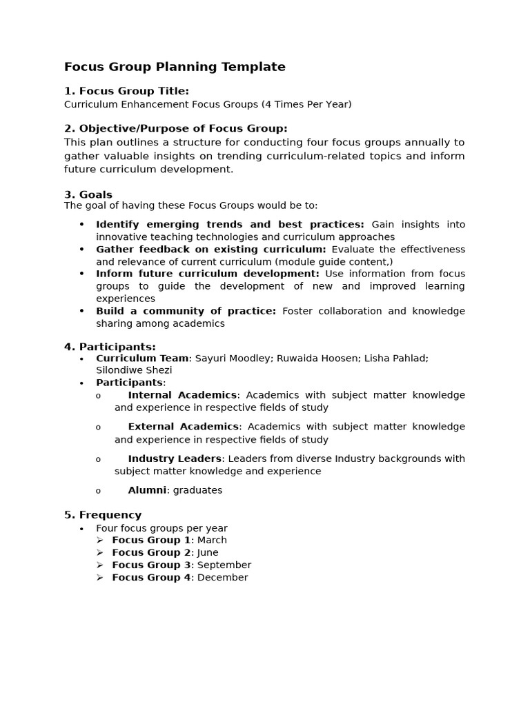 Focus Group Planning Template | PDF | Curriculum | Focus Group