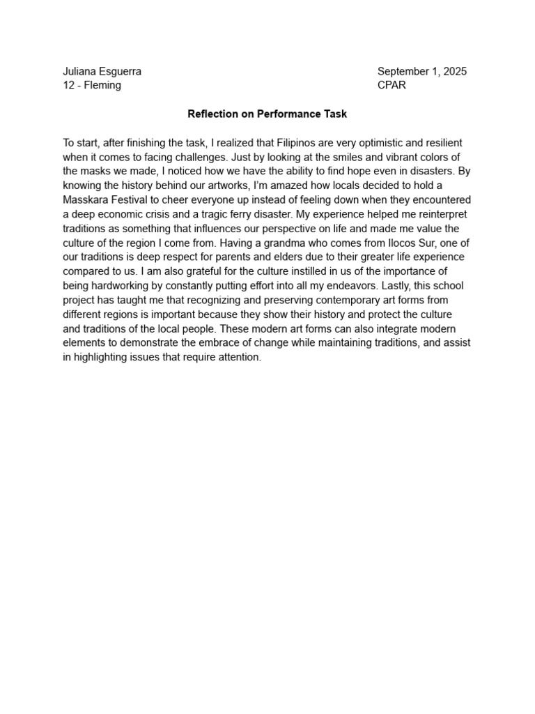 Reflection on Filipino Resilience and Art | PDF