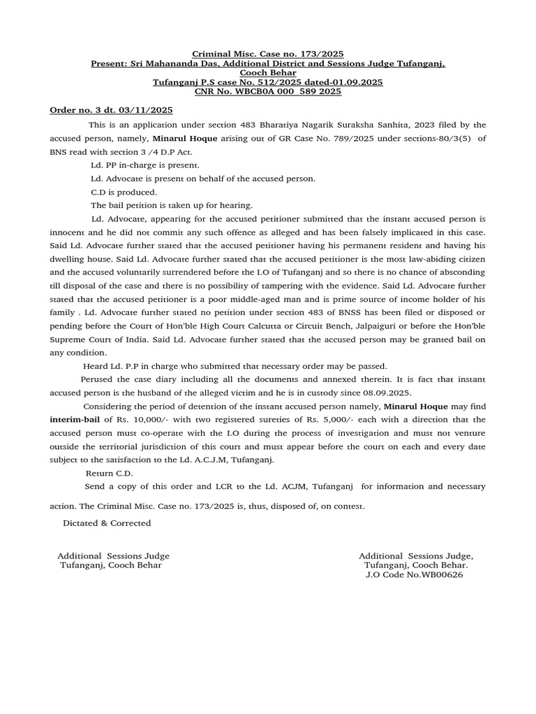 Bail Order in Criminal Case 173/2025 | PDF | Bail | Crime & Violence