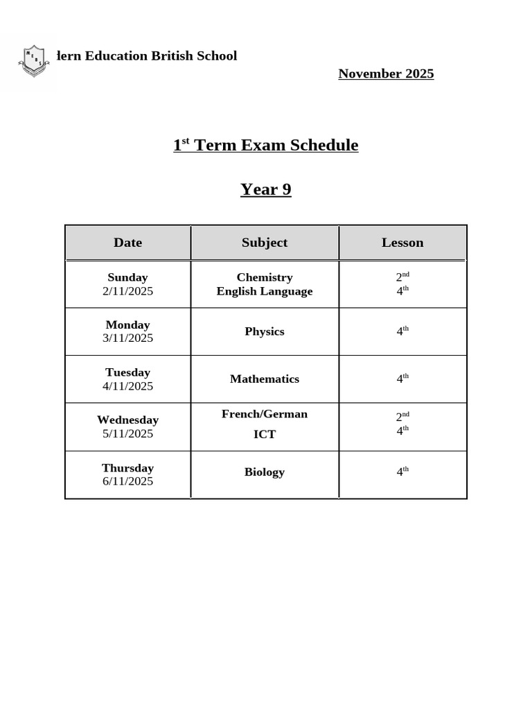 Year 9 Exam Schedule November 2025 | PDF