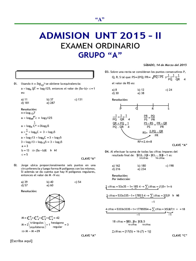 Admision Unt 2015 - Ii: Examen Ordinario | PDF