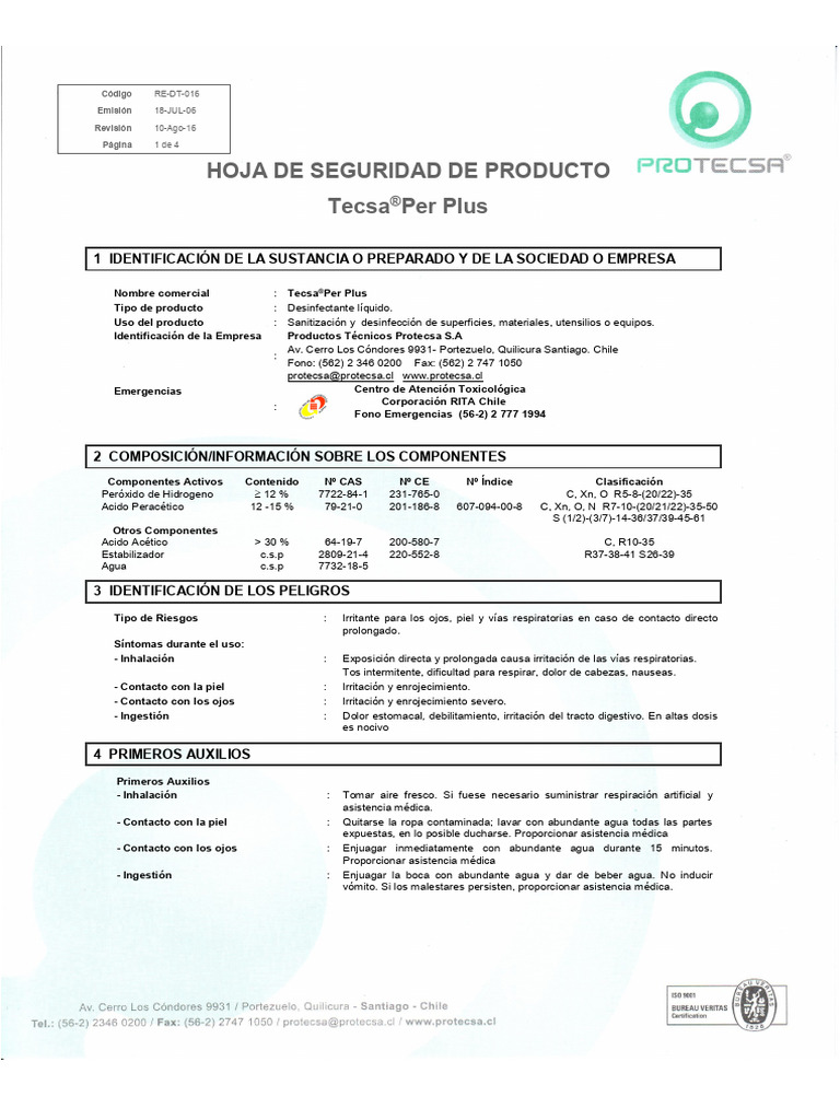 Hoja de Seguridad Tecsa®Per Plus | PDF | Agua