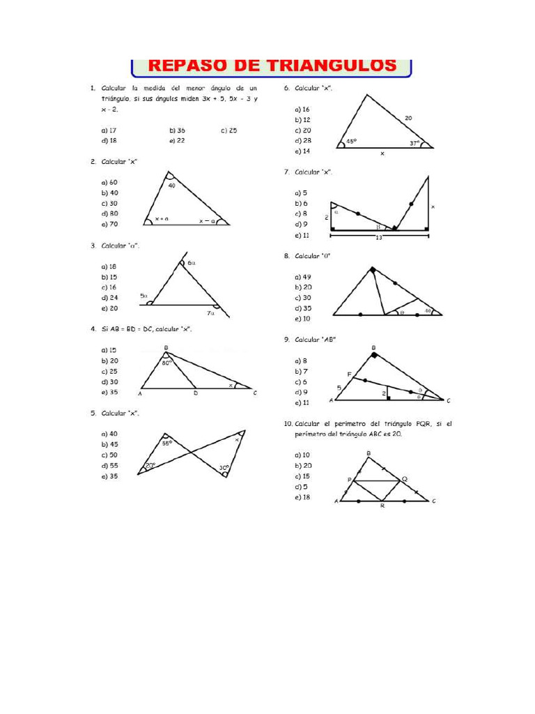 Ejercicios Sobre Triangulos para Secundaria y Refuerzo Escolar | PDF