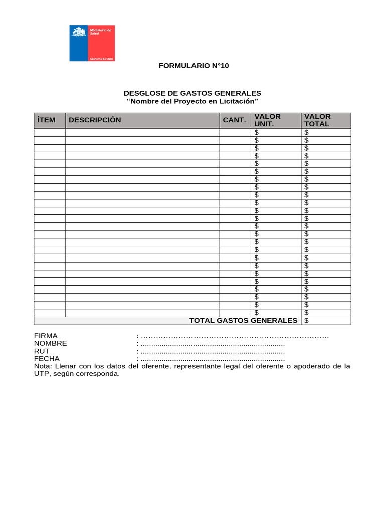 Formulario #10 DESGLOSE DE GASTOS GENERALES | PDF