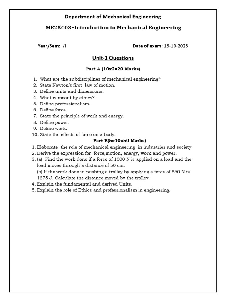 Mechanical Engineering Exam Questions 2025 | PDF