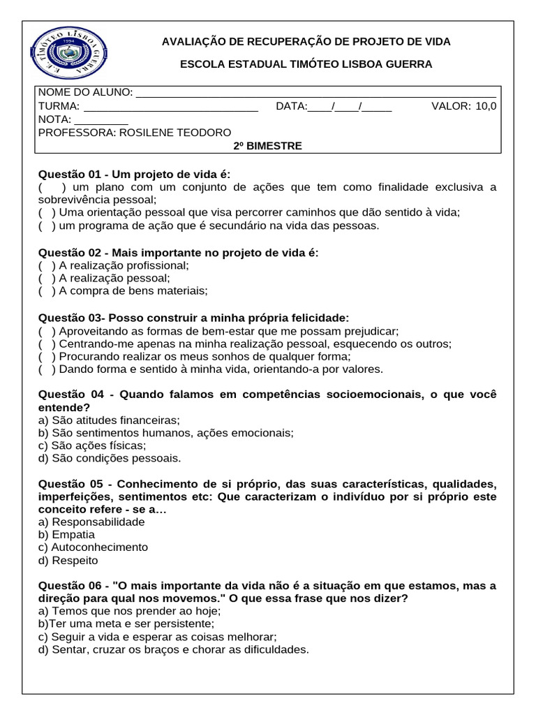 Avaliação de Projeto de Vida Escolar | PDF | Empatia | Vida