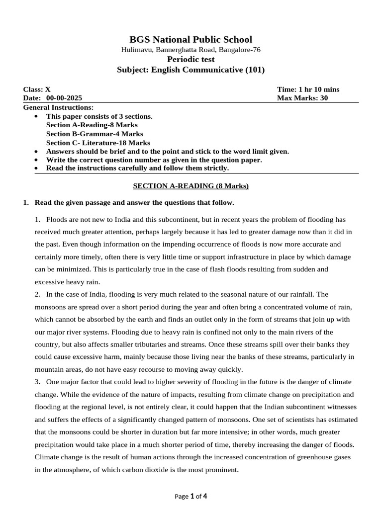 English Communicative Test for Class X | PDF | Flood | Climate Change