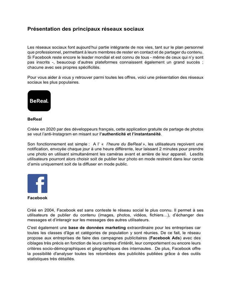 Guide des réseaux sociaux populaires | PDF | Réseautage social | Facebook