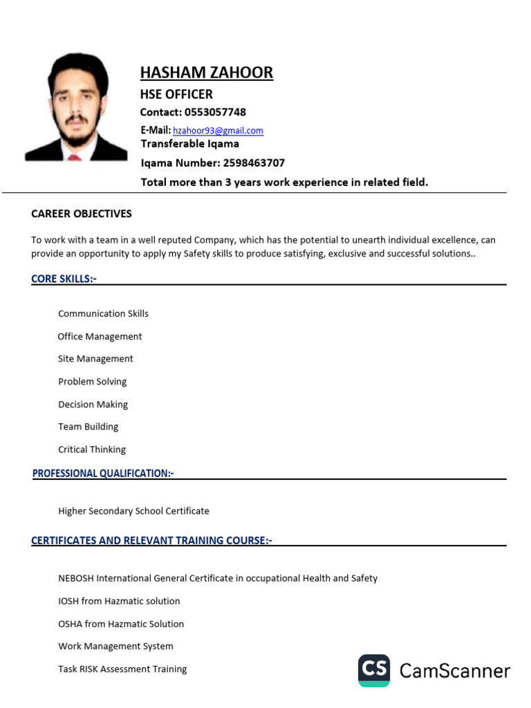 Hse Officer Hasham Zahoor CV-3 | PDF | Safety | Occupational Safety And ...