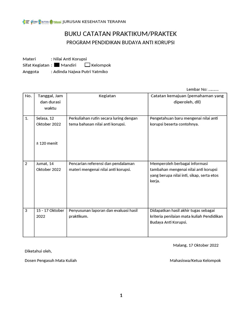 Logbook Pbak_adinda Najwa Putri Yatmiko_1ak3 | PDF