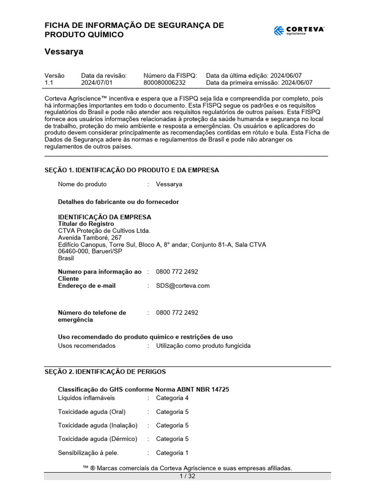 FISPQ Vessarya: Segurança e Uso | PDF | Toxicidade