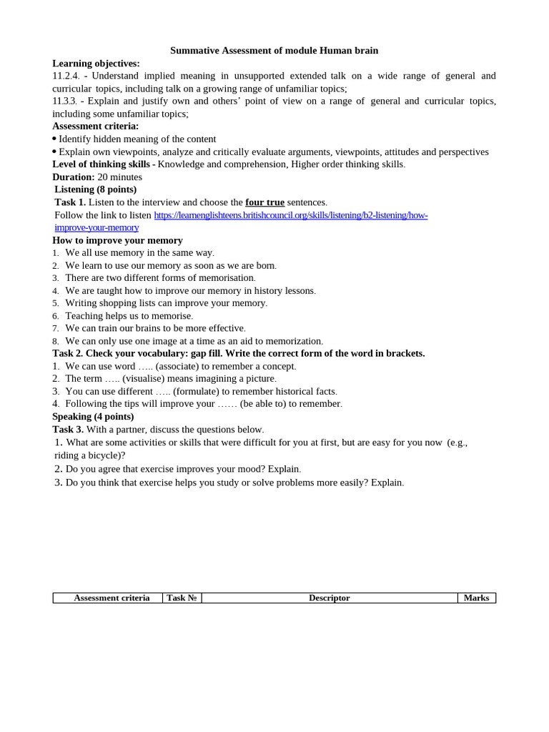 Human Brain Memory Improvement Assessment | PDF | Memory | Reading ...