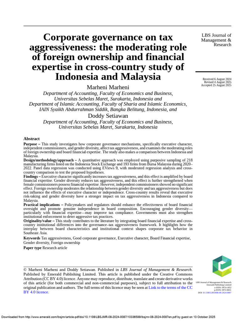 Corporate Governance and Tax Aggressiveness | PDF | Taxes | Risk