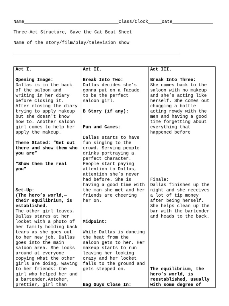 Three Act Stucture, Beat Sheet Generic Worksheet 2 | PDF