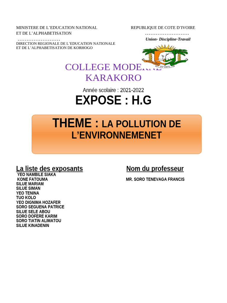 Exposé sur la Pollution de l'Environnement | PDF