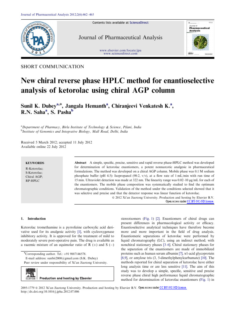 New Chiral Reverse Phase HPLC Method for Enantioselec 2012 Journal of ...