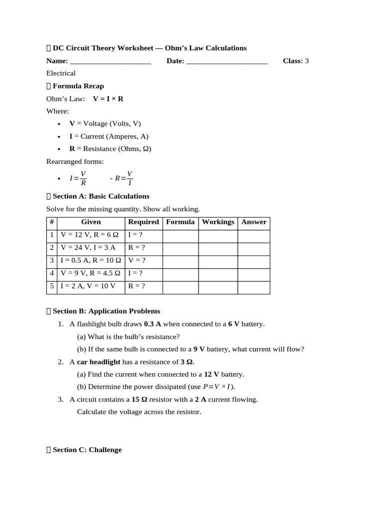 ? DC Circuit Theory Worksheet | PDF