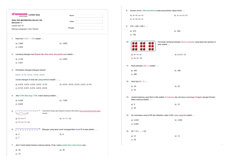Soal Matematika Kelas 3 SD Semester 1 | PDF