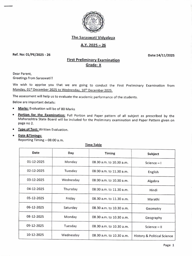 First Preliminary Examination 2025-26 | PDF