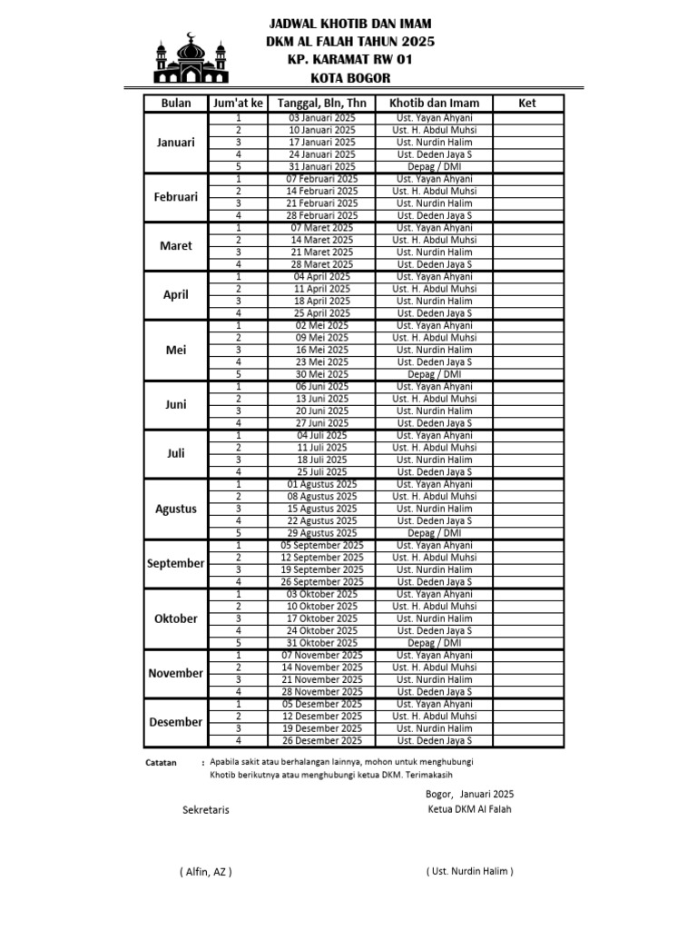 Jadwal Khotib DKM Al Falah 2025 | PDF