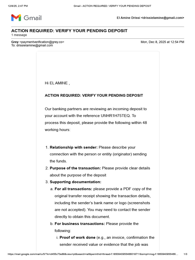 Verify Your Pending Deposit Now | PDF | Gmail