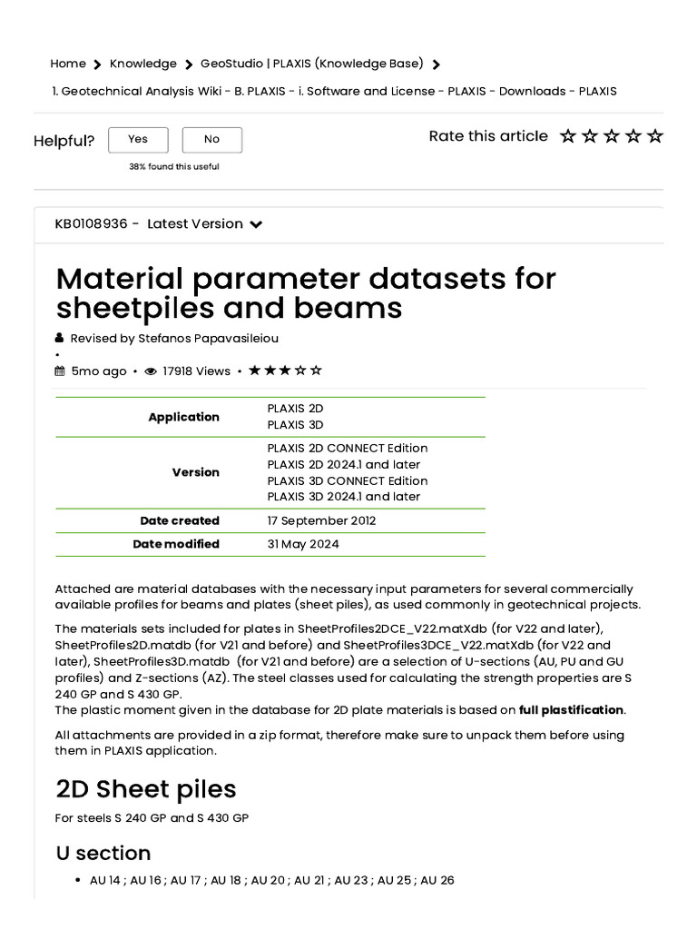 Material Parameter Datasets For Sheetpiles and Beams | PDF